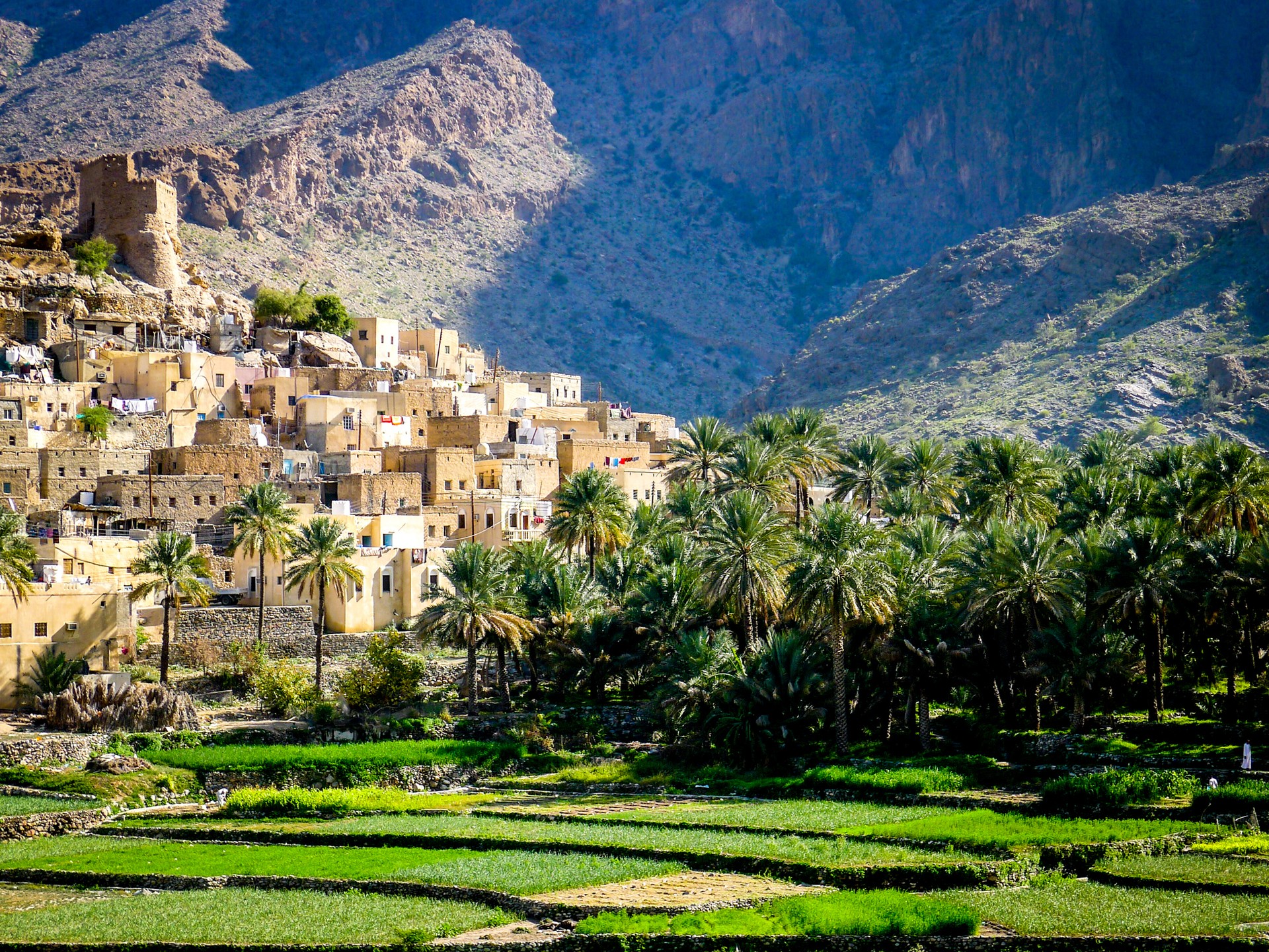 The beautiful mountain village of Balad Sayt sits in front of green fields in Wadi Bani Awf, Oman